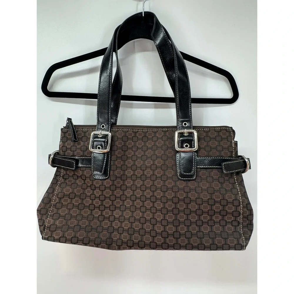 Nine West Women's Brown Geometric Print Buckle Accent Satchel Shoulder Bag Purse